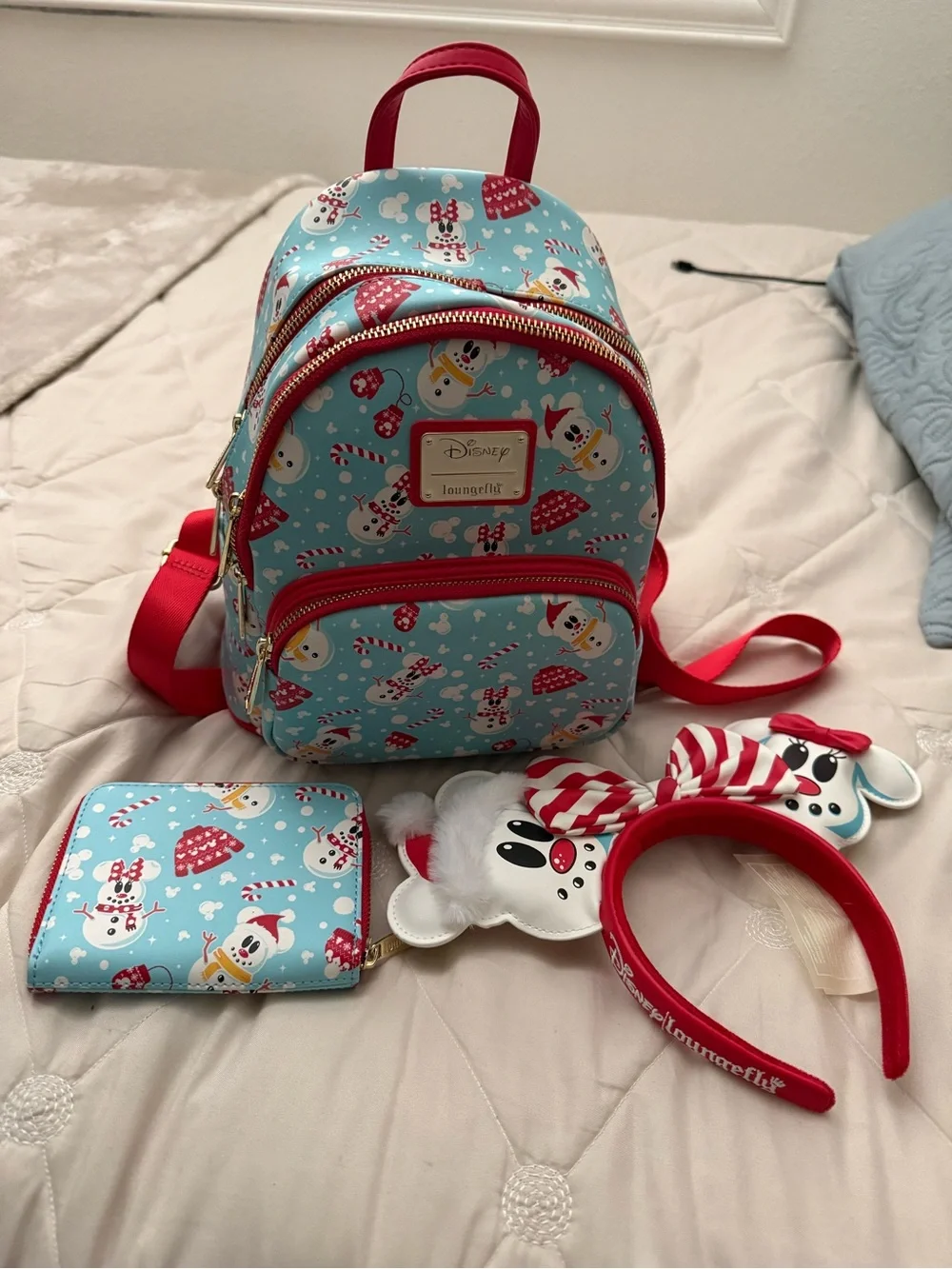 Loungefly Kids Light Blue & Red Snowman Print Mini Backpack with Matching Wallet